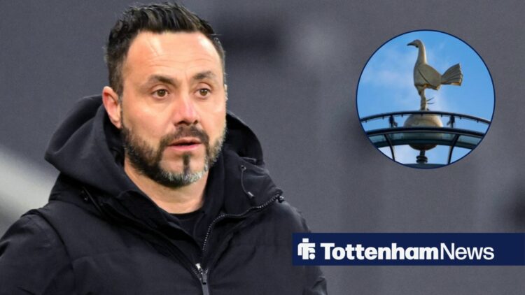 Roberto De Zerbi looking annoyed towards a circle inset of the Tottenham Hotspur Stadium