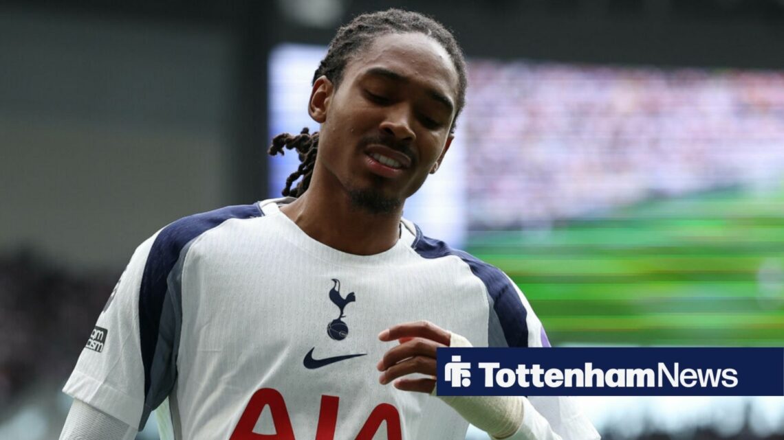 Djed Spence loks frustrated while playing at the Tottenham Hotspur Stadium