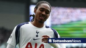 Djed Spence loks frustrated while playing at the Tottenham Hotspur Stadium