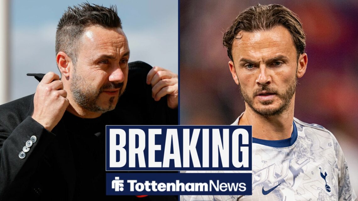 Roberto De Zerbi looking in the direction of injured Tottenham Hotpsur star, James Maddison, who is training in a Spurs training top.