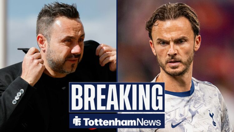 Roberto De Zerbi looking in the direction of injured Tottenham Hotpsur star, James Maddison, who is training in a Spurs training top.