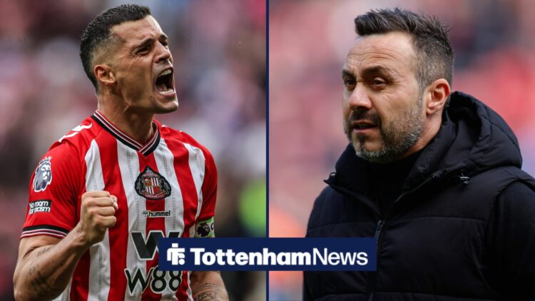 Granit Xhaka playing for Sunderland with Roberto De Zerbi looking frustrated