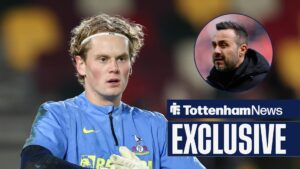 Antonin Kinsky of Tottenham Hotspur during warm up vs Brentford, Roberto De Zerbi prior to kick off during the Sunderland v Tottenham Hotspur Premier League match.