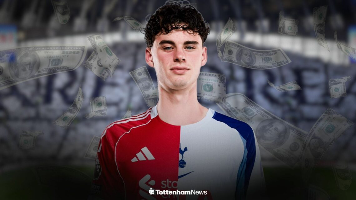 Archie Gray in a half Liverpool, half Tottenham shirt.