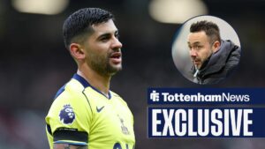 Cristian Romero reacts during the Manchester United v Tottenham Hotspur Premier League match, Roberto De Zerbi reacts in the match between LOSC Lille and Olympique de Marseille.