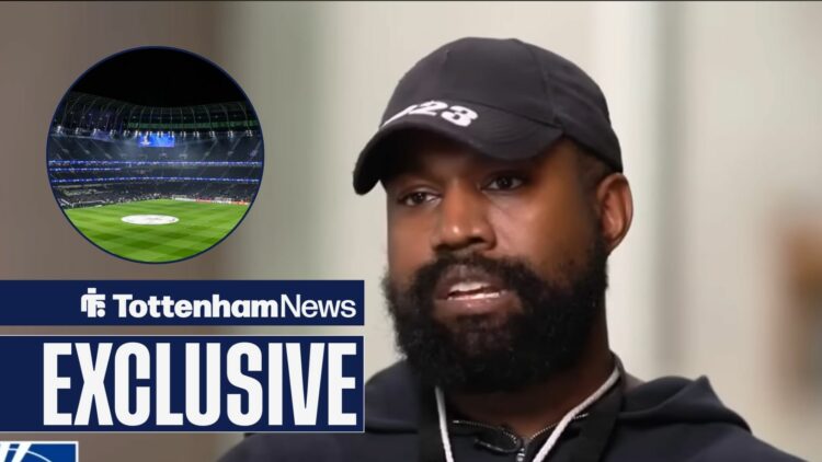 Kanye West in a FOX News interview with Tucker Carlson, Tottenham Hotspur Stadium in inset.
