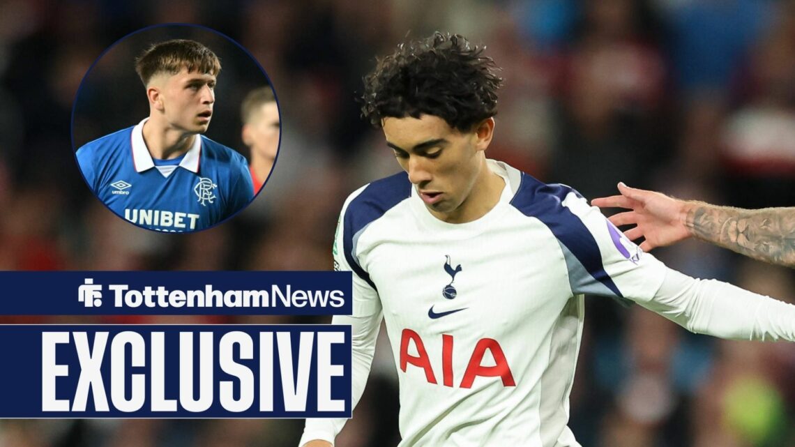 Mikey Moore in action for Rangers, Luca Williams-Barnett of Tottenham Hotspur feels pressure from Tom Nixon of Doncaster Rovers.