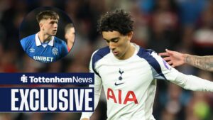 Mikey Moore in action for Rangers, Luca Williams-Barnett of Tottenham Hotspur feels pressure from Tom Nixon of Doncaster Rovers.