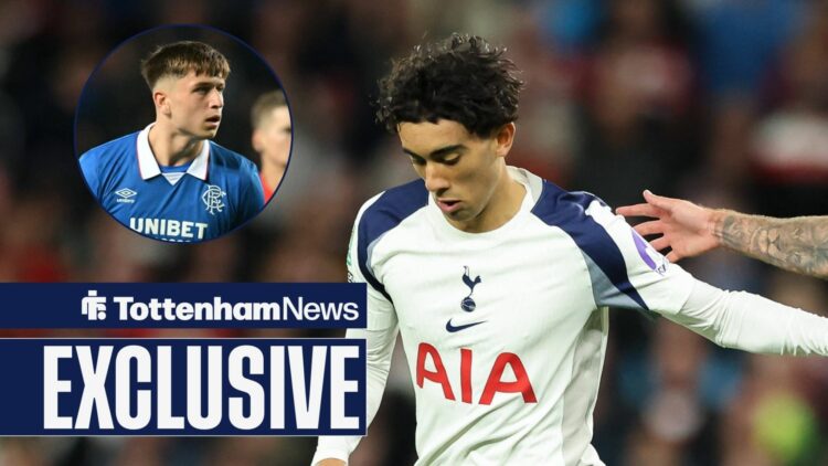 Mikey Moore in action for Rangers, Luca Williams-Barnett of Tottenham Hotspur feels pressure from Tom Nixon of Doncaster Rovers.