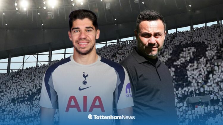 Manor Solomon and Roberto De Zerbi with Tottenham Hotspur Stadium in background.