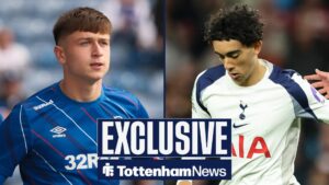 Mikey Moore warming up for Rangers vs Celtic, Luca Williams-Barnett of Tottenham Hotspur feels pressure from Tom Nixon of Doncaster Rovers.