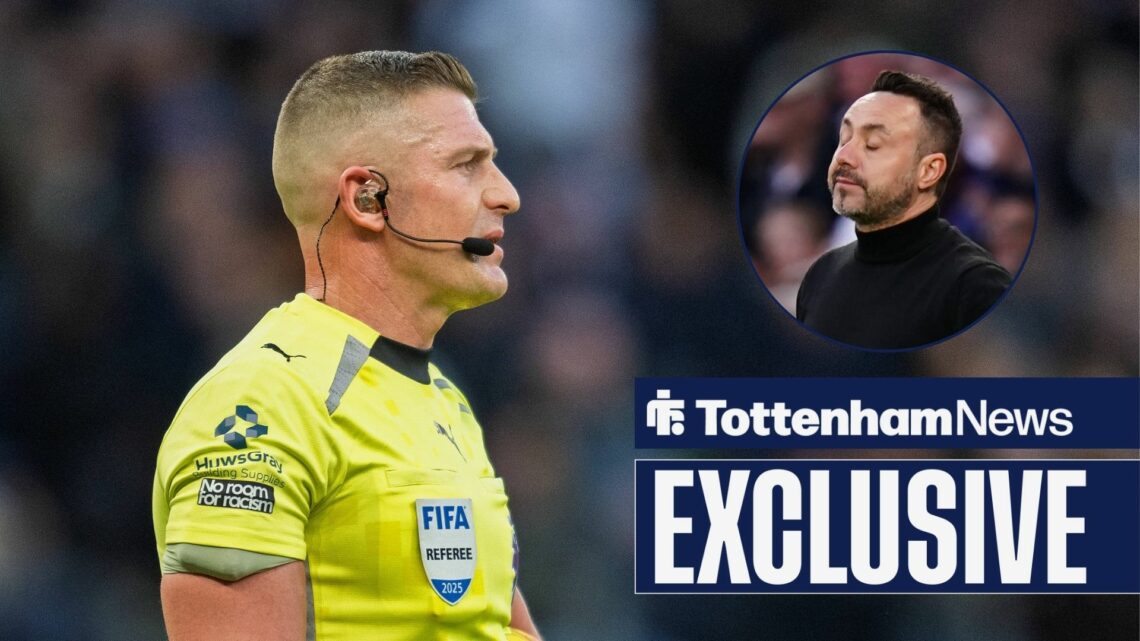 Referee Rob Jones during the Premier League match between Tottenham and Brentford, Roberto De Zerbi, manager of Tottenham Hotspur, during the Premi...