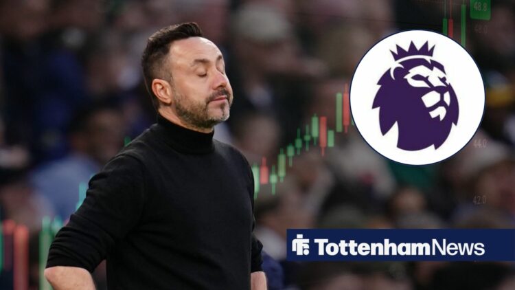 Tottenham boss Roberto De Zerbi looking annoyed on the touchline, Premier League badge in inset.