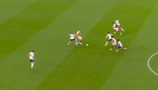 A screenshot of Radu Dragusin's attempted challenge on Viktor Gyokeres during Tottenham's 4-1 loss against Arsenal
