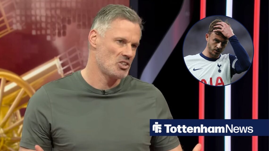 Jamie Carragher working as a pundit, with James Maddison in a circular frame inset