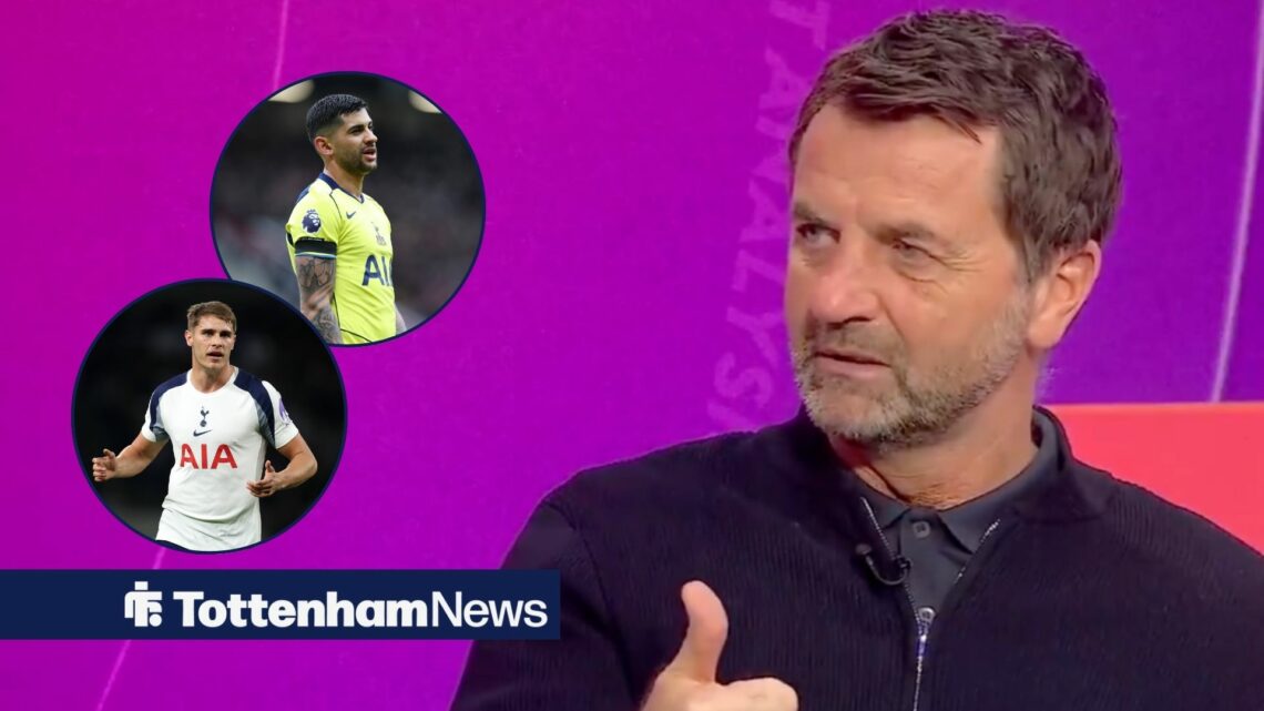 Tim Sherwood looks angrily at circular insets of Cristian Romero and Micky van de Ven