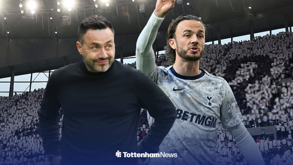 Roberto De Zerbi smiles next to James Maddison on a Tottenham Hotspur Stadium backdrop