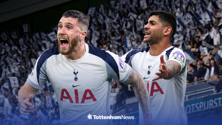 Bournemouth defender Marco Senesi looking in the direction of Cristian Romero outside the Tottenham Hotspur Stadium. Both are in Spurs kits.