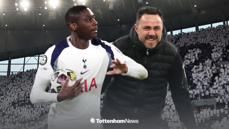 Roberto De Zerbi and Randal Kolo Muani celebrating at Tottenham Hotspur Stadium.
