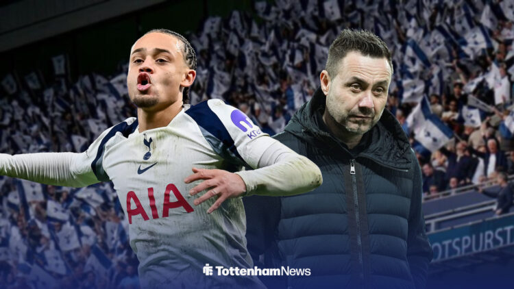 Xavi Simons celebrates next to a stony-faced Roberto De Zerbi on a Tottenham Hotspur Stadium backdrop