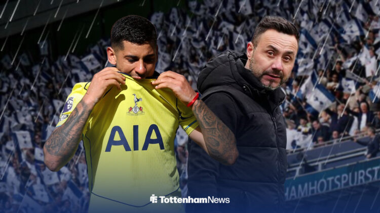 Cristian Romero with his shirt on his face alongside Roberto De Zerbi ahead of Tottenham Hotspur Stadium