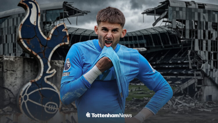 Guglielmo Vicario looks dejected as Tottenham crumble around him