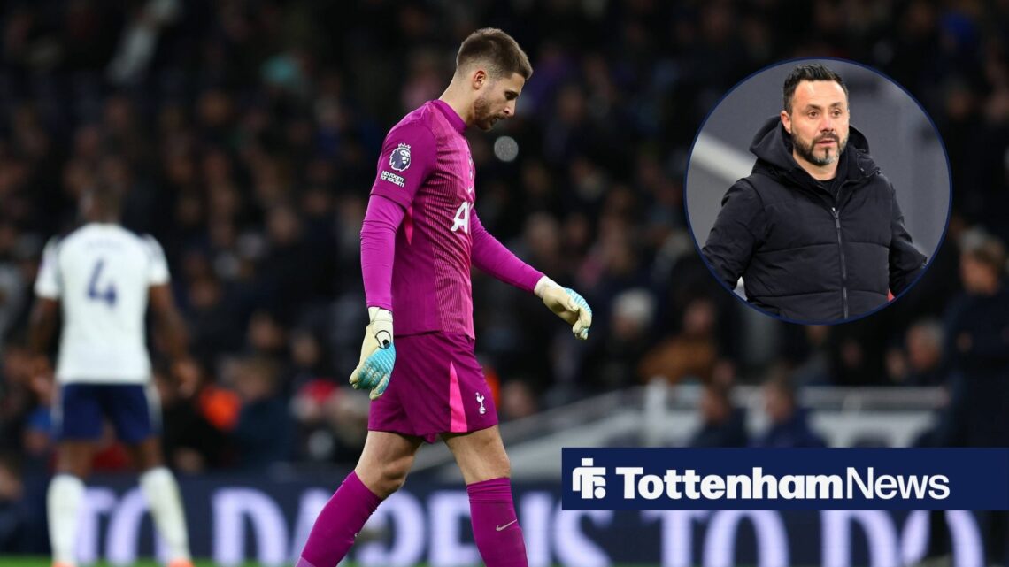 Guglielmo Vicario disappointed, alongside a circular inset of Roberto De Zerbi.