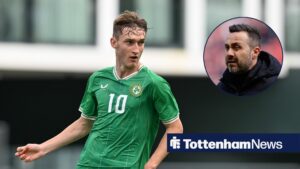 Mason Melia in action for Ireland's youth squads with Roberto De Zerbi in circular inset