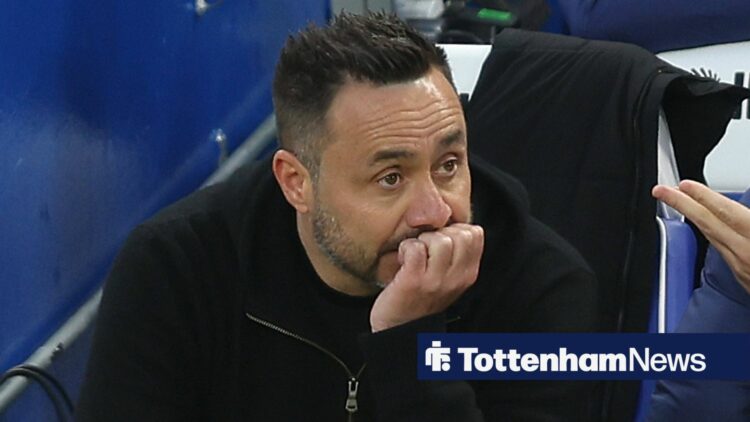 Roberto De Zerbi looking worried on the sideline at Tottenham