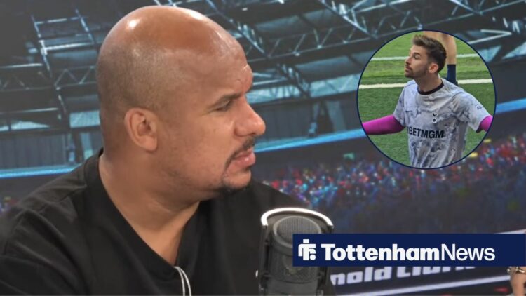 Gabby Agbonlahor looking annoyed on talkSPORT towards a cicle inset of Guglielmo Vicario on the bench at the Tottenham Hotspur Stadium