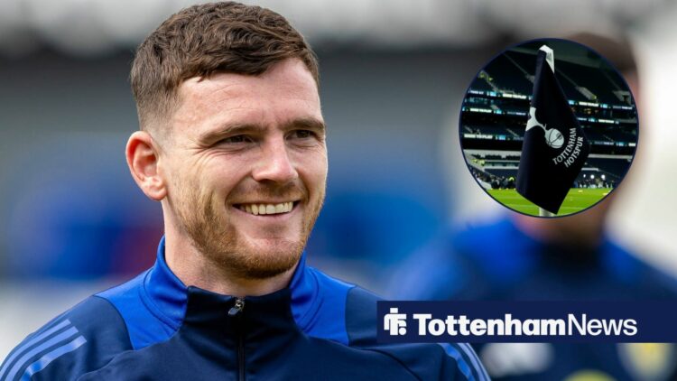 Andy Robertson warming up for Scotland looking towards a circle inset of the Tottenham Hotspur Stadium