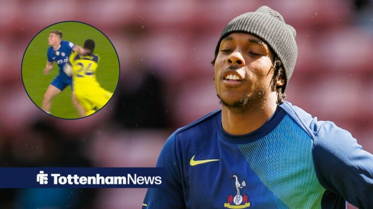 Djed Spence clashing with Liam Delap in a circular inset, and a larger image of Djed Spence