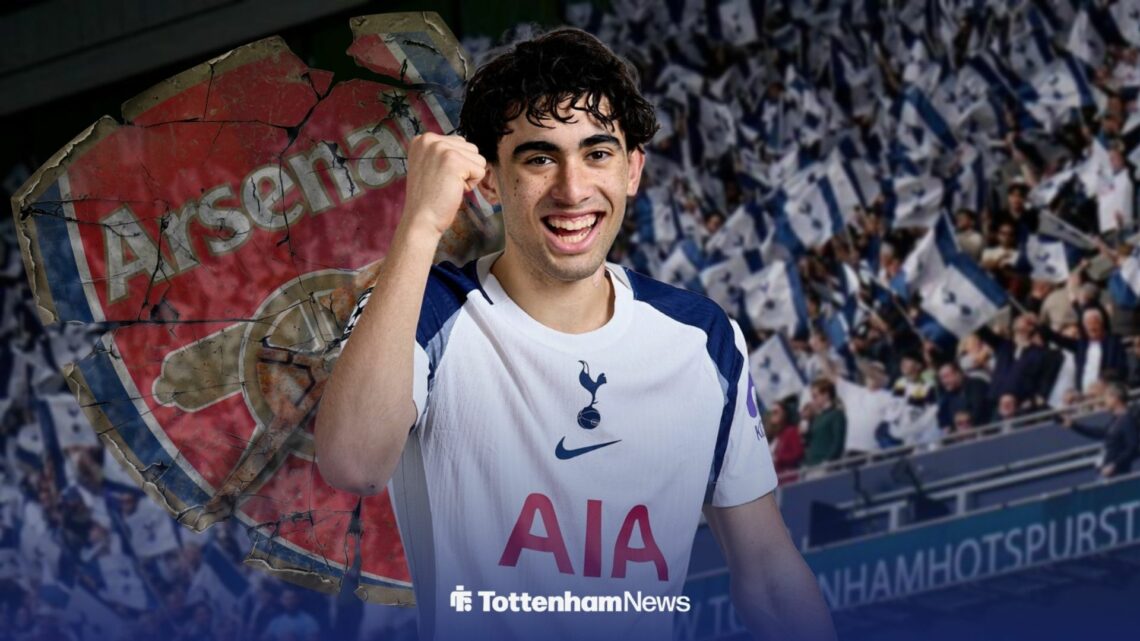 Luca Williams-Barnett celebrating for Tottenham next to a smashed up Arsenal badge