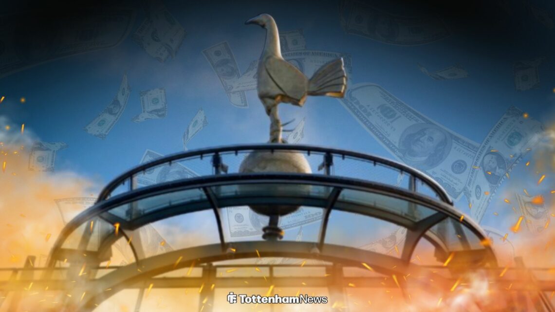 Tottenham Hotspur Stadium surrounded by bank notes and fire