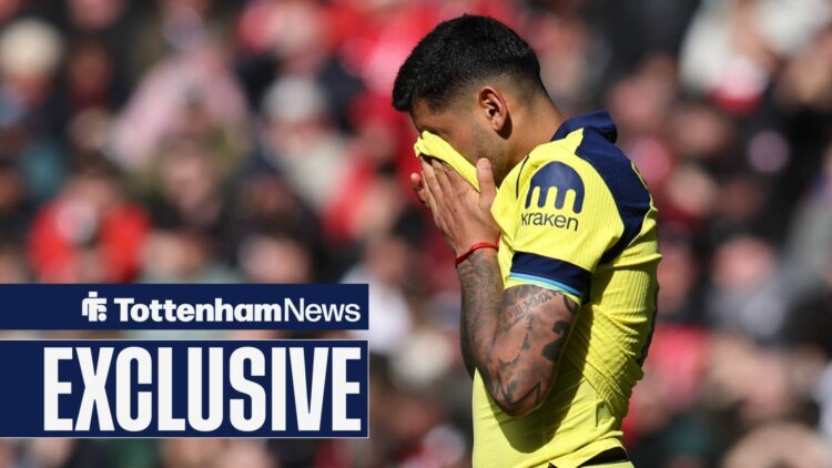Cristian Romero of Tottenham Hotspur shows dejection during the Premier League match between Sunderland and Tottenham Hotspur at the Stadium of Lig...