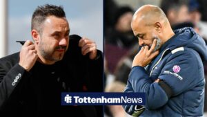 Roberto De Zerbi looks from the left with Nuno Espirito Santo having head in hands