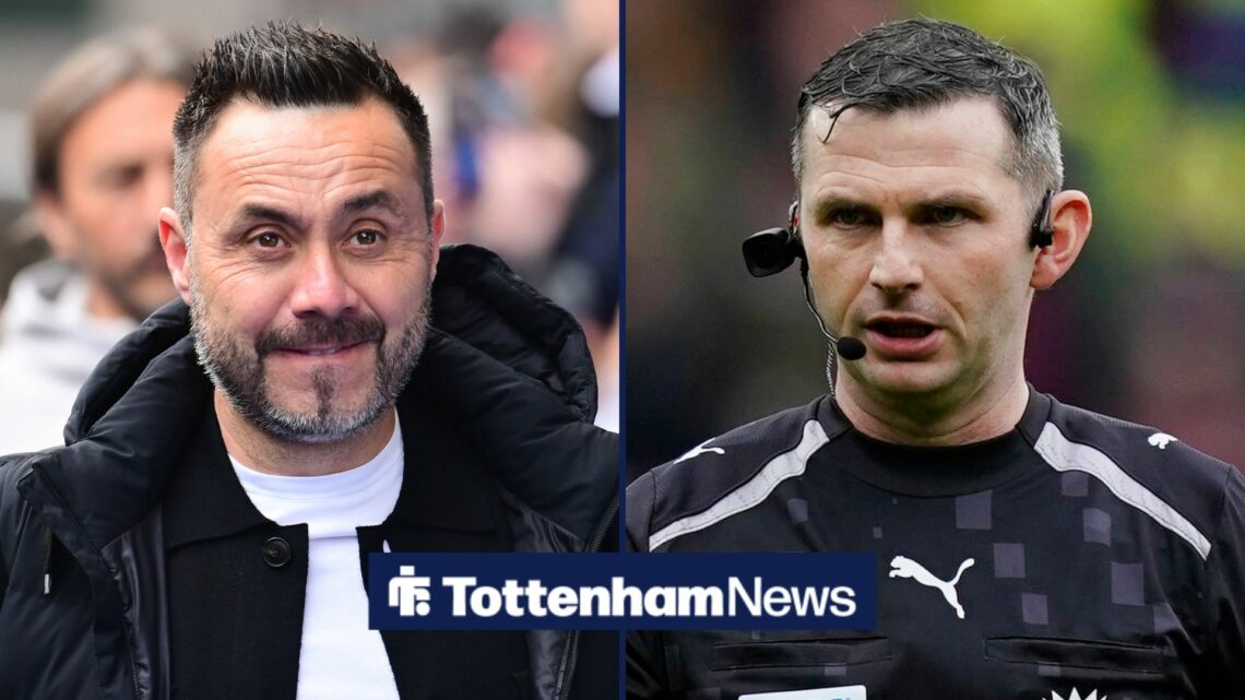 Roberto De Zerbi smiling on the left with Michael Oliver on the right refereeing