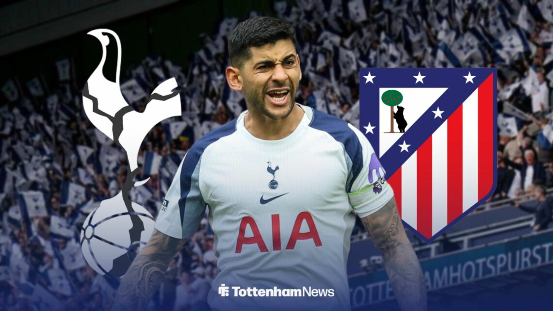 Cristian Romero with cracking Tottenham badge and Atletico Madrid badge behind him.