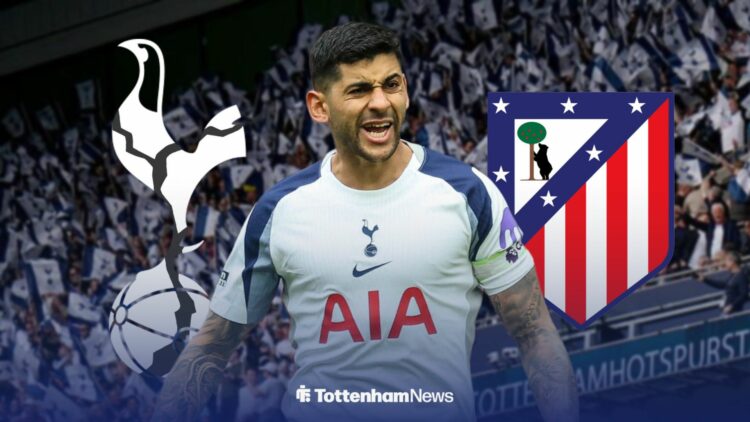 Cristian Romero with cracking Tottenham badge and Atletico Madrid badge behind him.