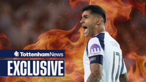 Cristian Romero in action for Tottenham, with flames around him