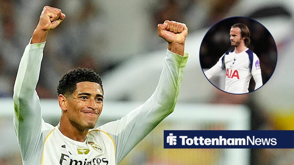 Jude Bellingham celebrates goal during Champions League clash between Real Madrid and Juventus, ames Maddison of Tottenham Hotspur during the Premi...