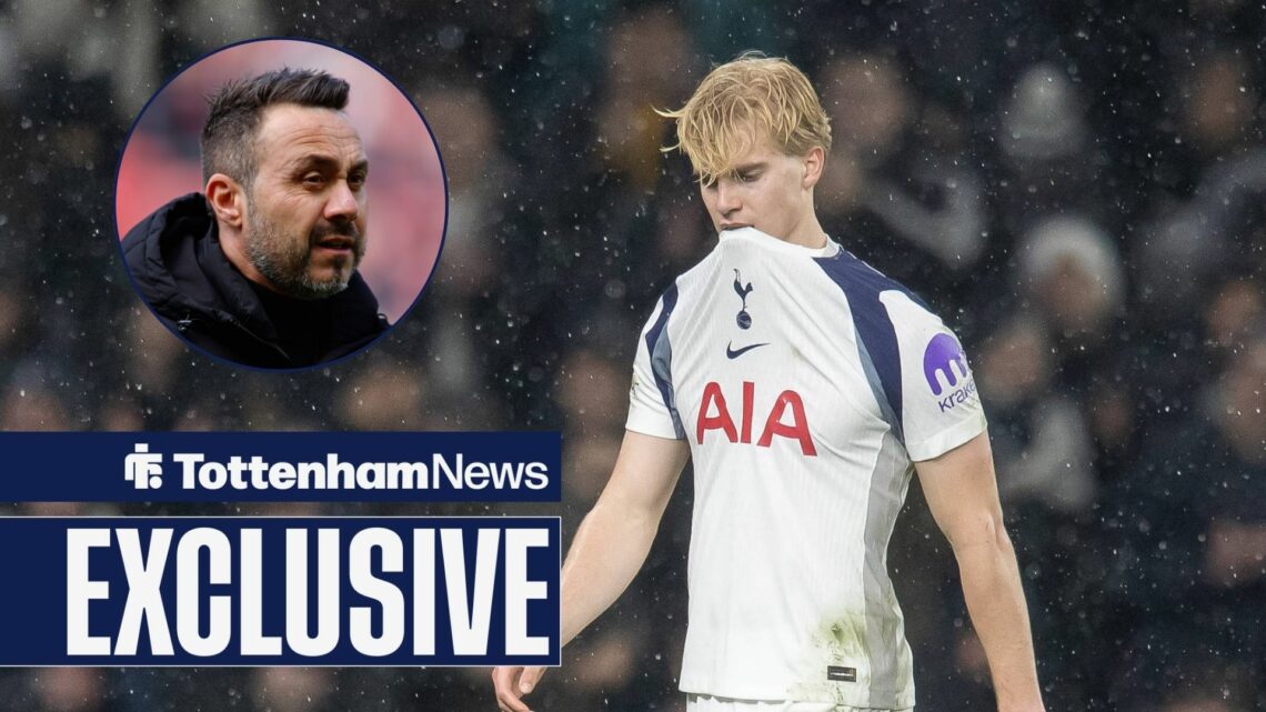 Lucas Bergvall of Tottenham Hotspur has his shirt over his mouth as he is subbed off vs Borussia Dortmund, Roberto De Zerbi managing Tottenham vs S...