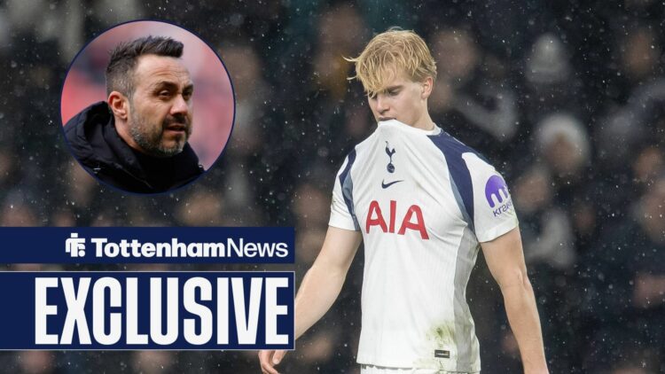Lucas Bergvall of Tottenham Hotspur has his shirt over his mouth as he is subbed off vs Borussia Dortmund, Roberto De Zerbi managing Tottenham vs S...