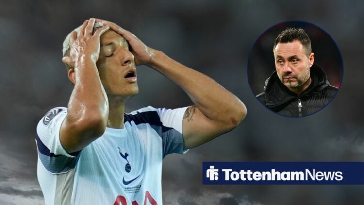 Richarlison with heads in hands while playing for Tottenham, Roberto De Zerbi looking unimpressed in Marseille vs PSG.