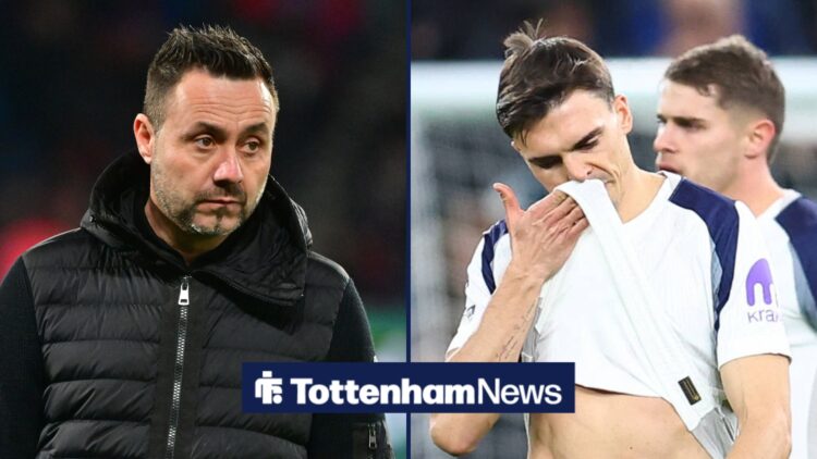 Tottenham manager Roberto De Zerbi looking unimpressed, Joao Palhinha of Tottenham Hotspur looks dejected after Harry Wilson of Fulham scores to ma...