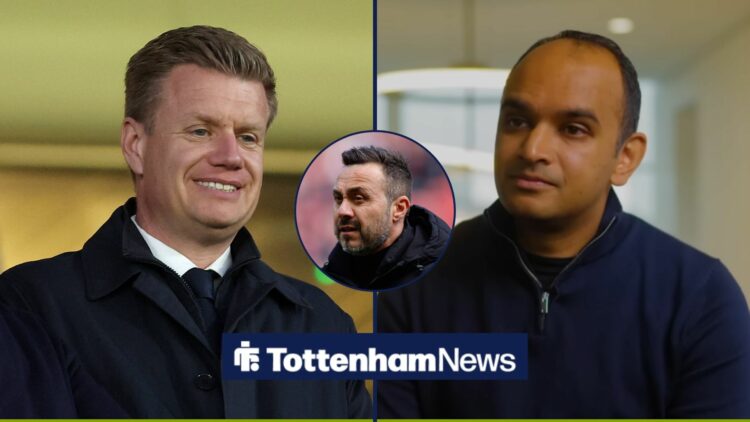 Tottenham executives Johan Lange and Vinai Venkatesham with Roberto De Zerbi in circle.