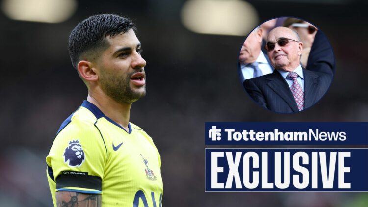 Cristian Romero reacts during the Manchester United v Tottenham Hotspur Premier League match, former Tottenham owner Joe Lewis in inset.