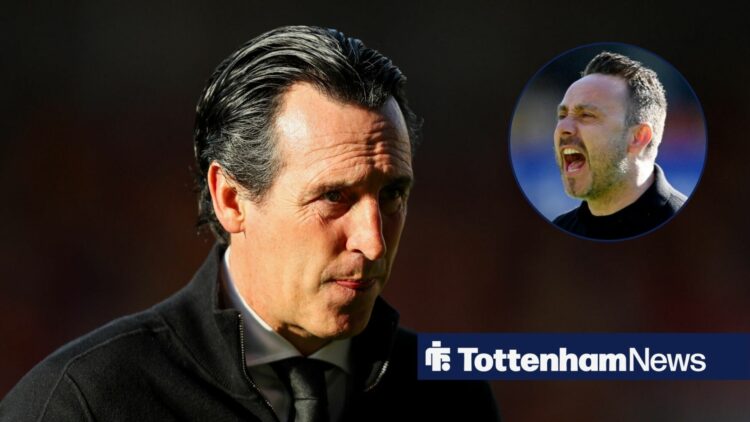 Aston Villa boss Unai Emery looking miserable. Tottenham Hotspur boss Roberto De Zerbi looking happy.