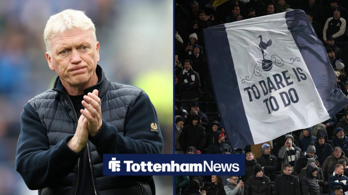 David Moyes applauds, with Tottenham fans holding a banner alongside him in a split image