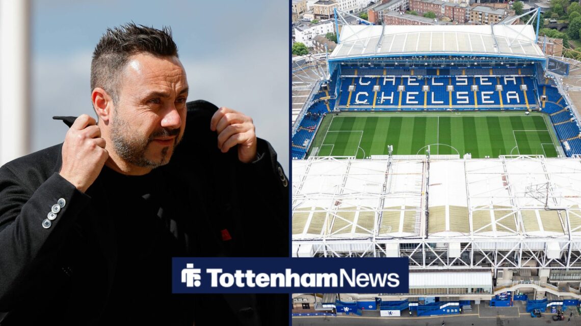 Roberto De Zerbi pulling his collar up, with a general shot of Stamford Bridge to his right